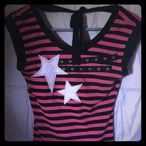 Attempt: emo shirt, star pattern, neon pink/black